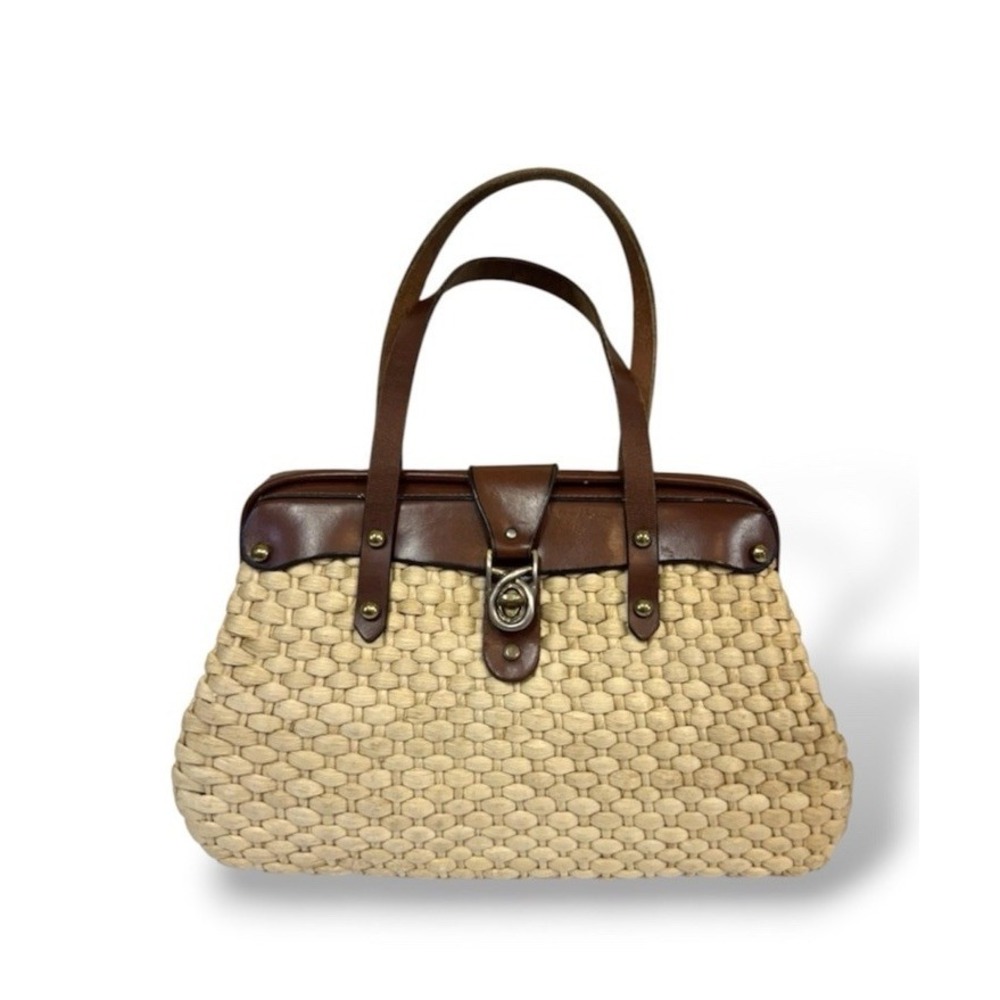 Vintage 60s 70s JOHN ROMAIN  Handmade Wicker Straw Leather Satchel Doctor's Bag